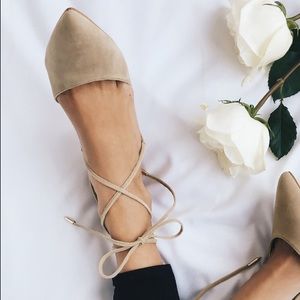Nude Lace Up Pointed Toe Heels